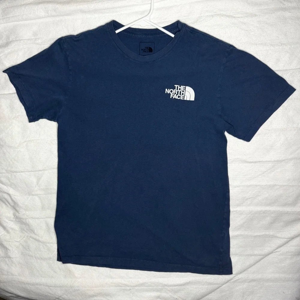 The North Face Blue Graphic Box Logo T-Shirt Never Stop Exploring Mens Medium